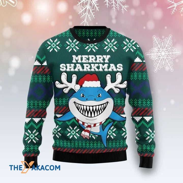Artful Shark in Ocean Merry Sharkmas Gift For Christmas Ugly Christmas Sweater