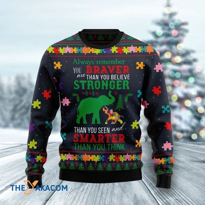 Autism Couple Elephants You Braver Than You Believe Gift For Christmas Ugly Christmas Sweater
