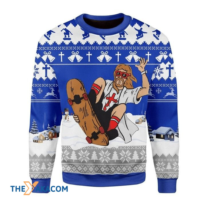 Awesome God Jesus Playing Skateboarding In Winter Gift For Christmas Ugly Christmas Sweater