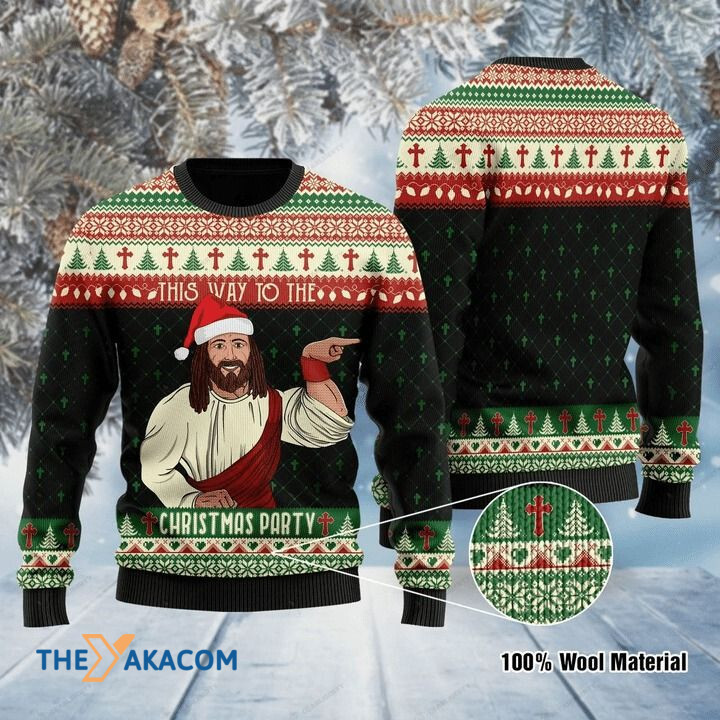 Awesome God Jesus This Way To The Christmas Party Gift For Christmas Ugly Christmas Sweater
