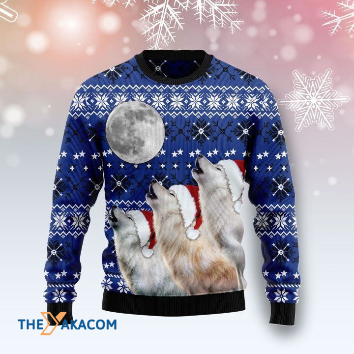 Beautiful White Wolf Family Howling Under Moon Gift For Christmas Ugly Christmas Sweater