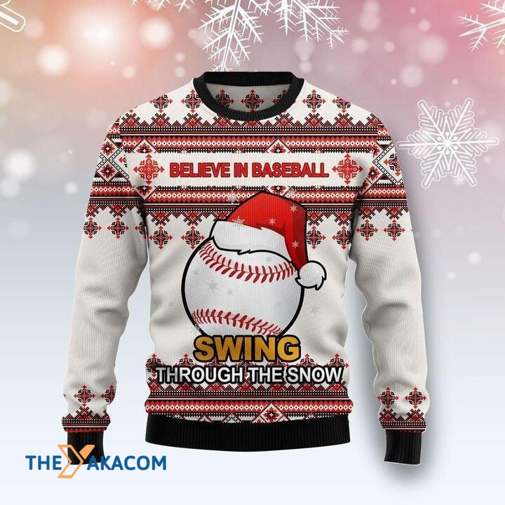 Believe In Baseball Swing Through The Snow Gift For Christmas Ugly Christmas Sweater