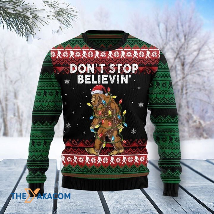 Bigfoot With Colorful Light Don_t Stop Believin_ Gift For Christmas Ugly Christmas Sweater