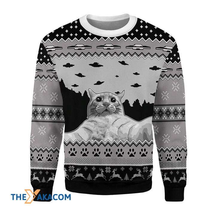 Black And White Christmas Pattern And Cat With Ufo Gift For Christmas Ugly Christmas Sweater Black And White Christmas Pattern And Cat With Ufo Gift For Christmas Ugly Christmas Sweater