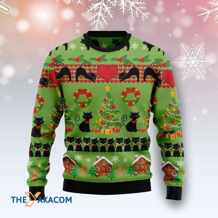 Black Cat And Heart Pattern With Christmas Tree Gift For Christmas Ugly Christmas Sweater Black Cat And Heart Pattern With Christmas Tree Gift For Christmas Ugly Christmas Sweater