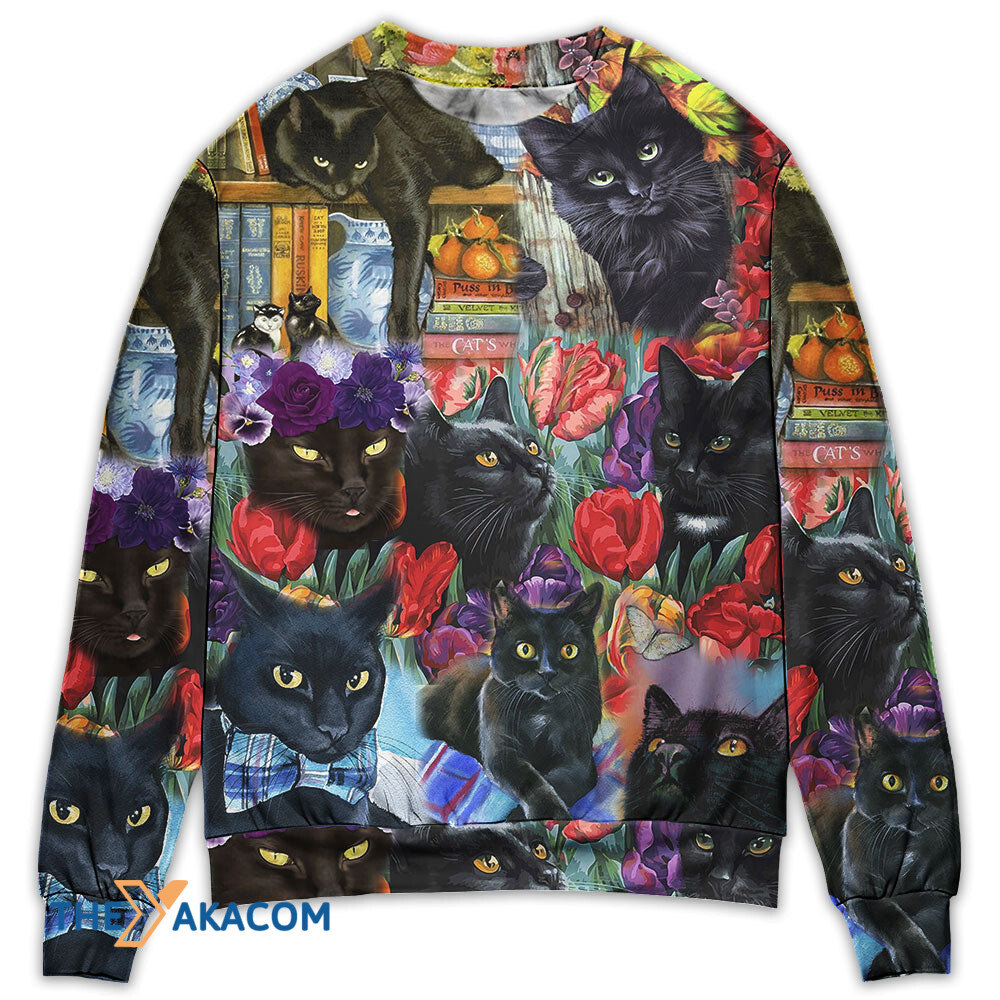 Black Cat Art With Flowers Gift For Lover Ugly Christmas Sweater