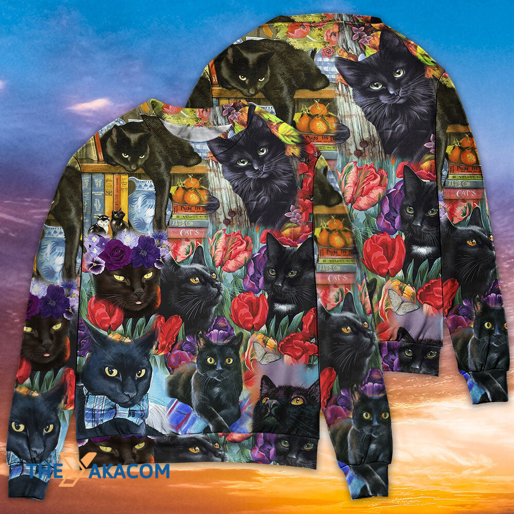 Black Cat Art With Flowers Gift For Lover Ugly Christmas Sweater