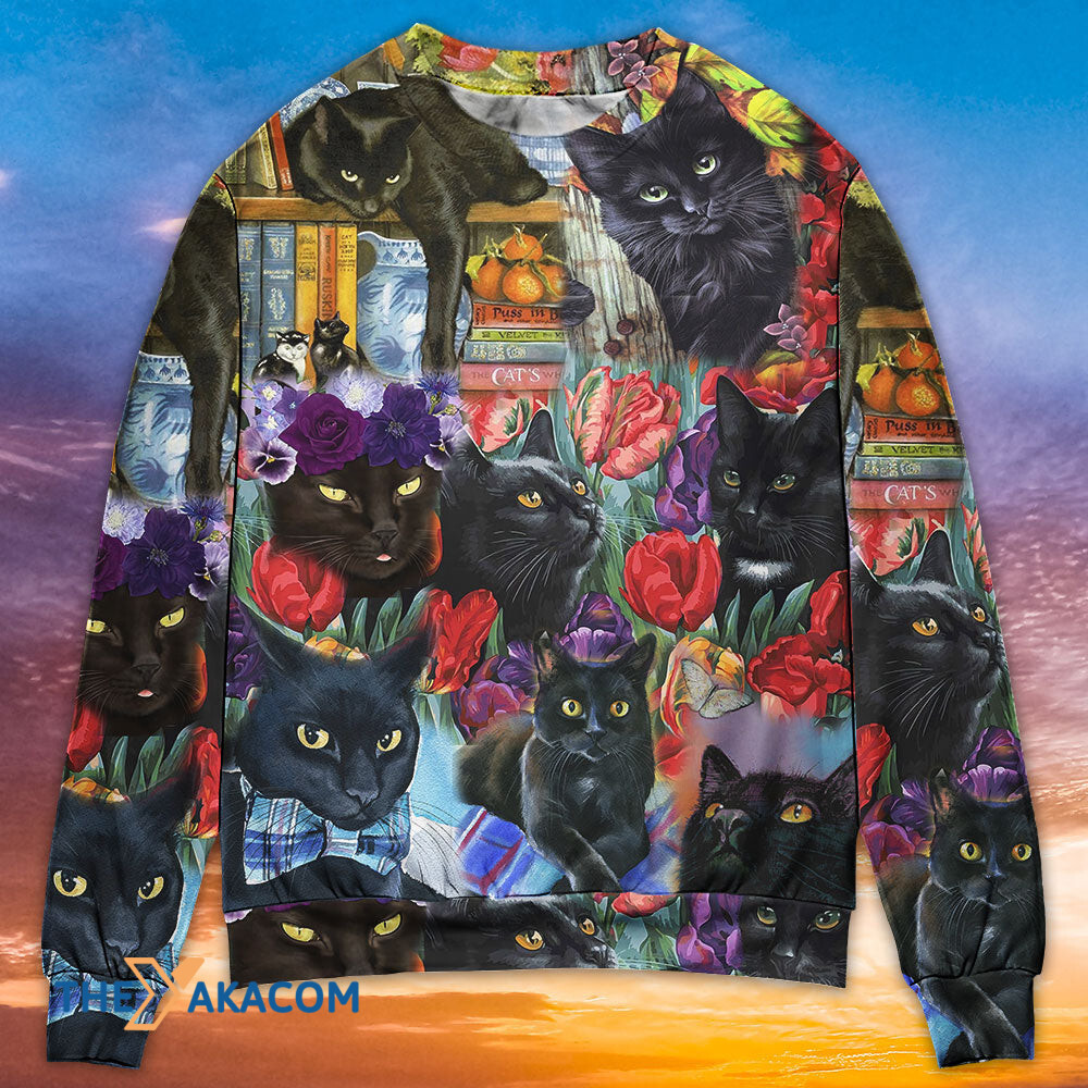 Black Cat Art With Flowers Gift For Lover Ugly Christmas Sweater