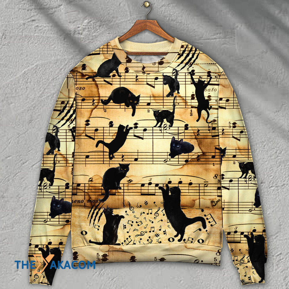 Black Cat Love Music Note Gift For Lover Ugly Christmas Sweater
