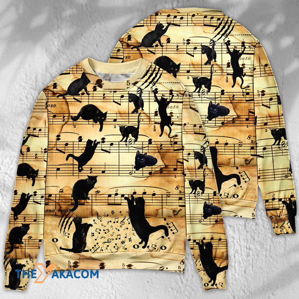 Black Cat Love Music Note Gift For Lover Ugly Christmas Sweater