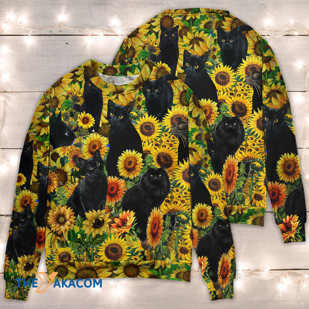 Black Cat Love Sunflower Gift For Lover Ugly Christmas Sweater