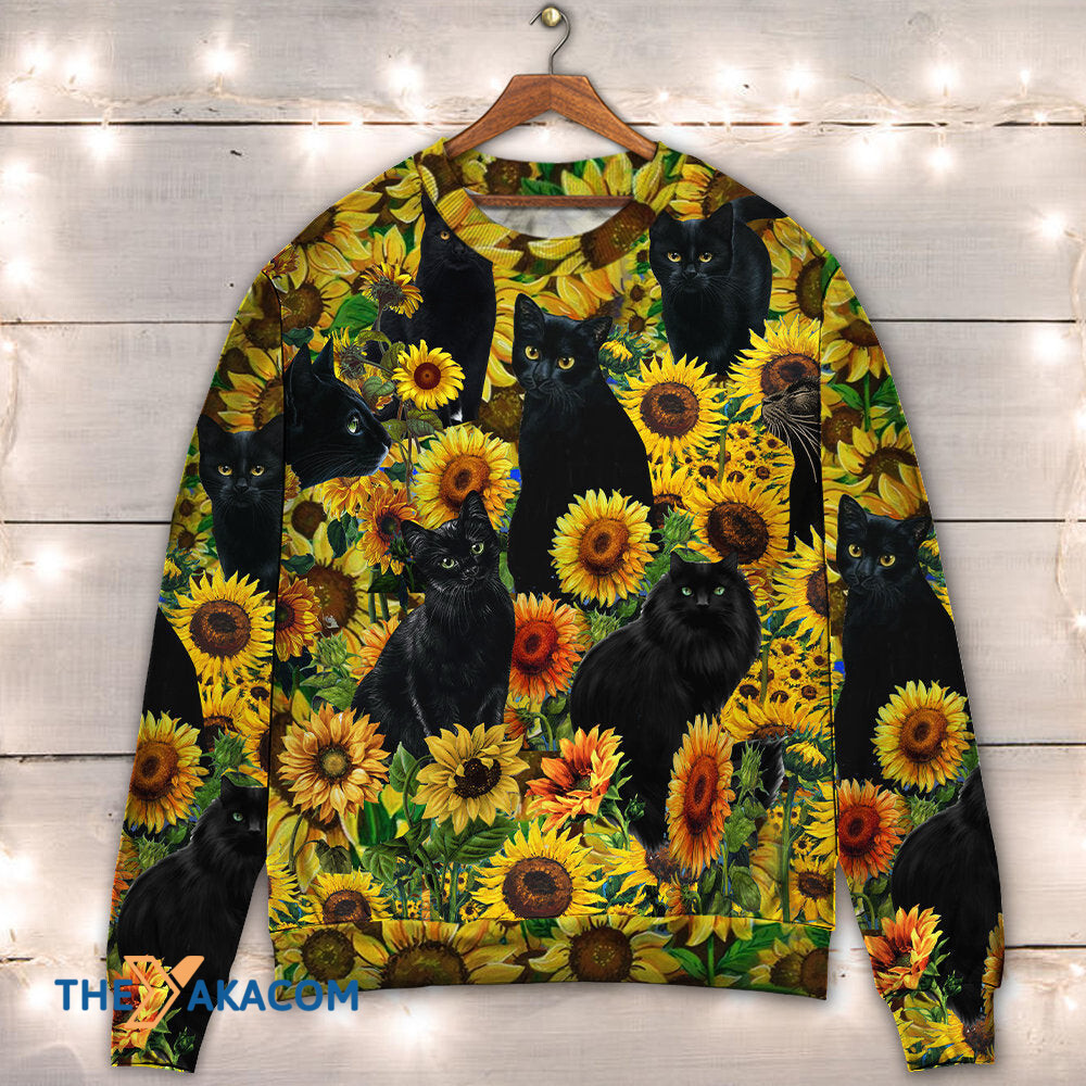 Black Cat Love Sunflower Gift For Lover Ugly Christmas Sweater