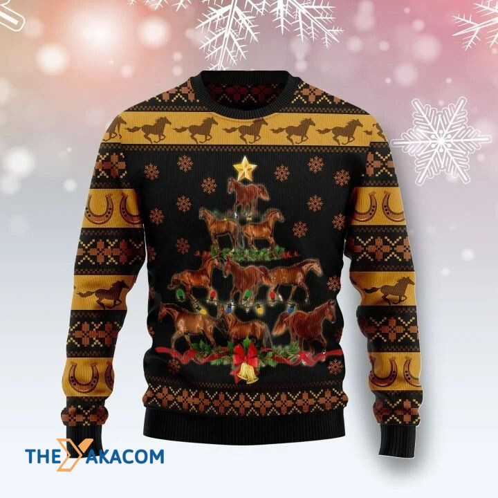 Brown Horses Made A Christmas Tree On Grassland Gift For Christmas Ugly Christmas Sweater