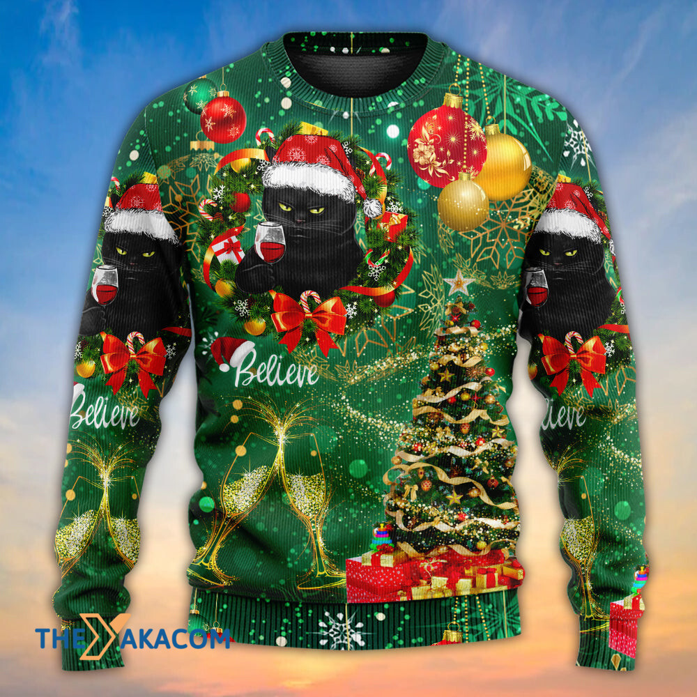Christmas Black Cat Drinking Happy Christmas Tree Green Light Gift For Lover Ugly Christmas Sweater