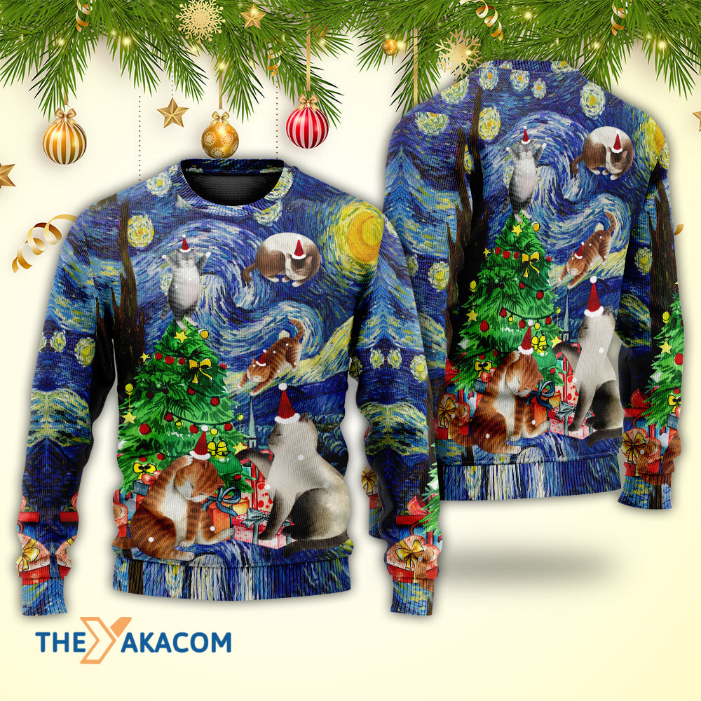 Christmas Cat Playing In Starry Night Gift For Lover Ugly Christmas Sweater