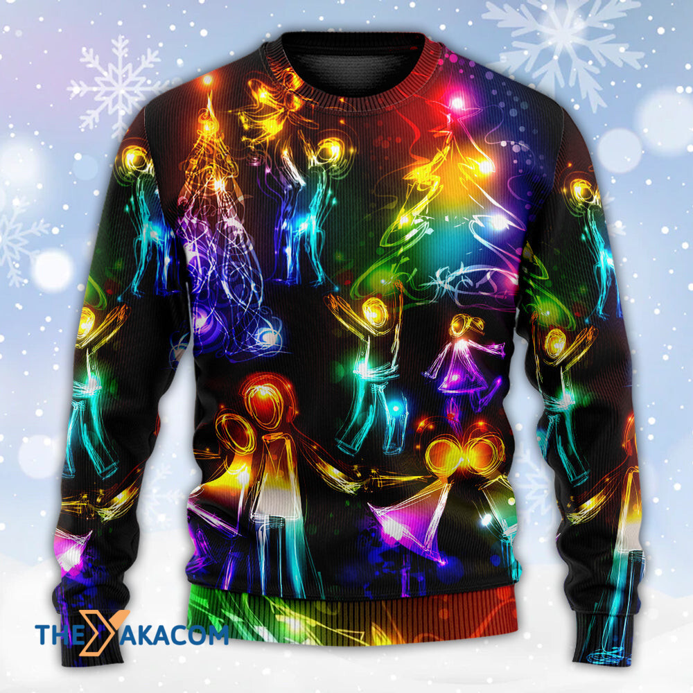 Christmas Family Happy Love Tree Neon Light Style Gift For Lover Ugly Christmas Sweater