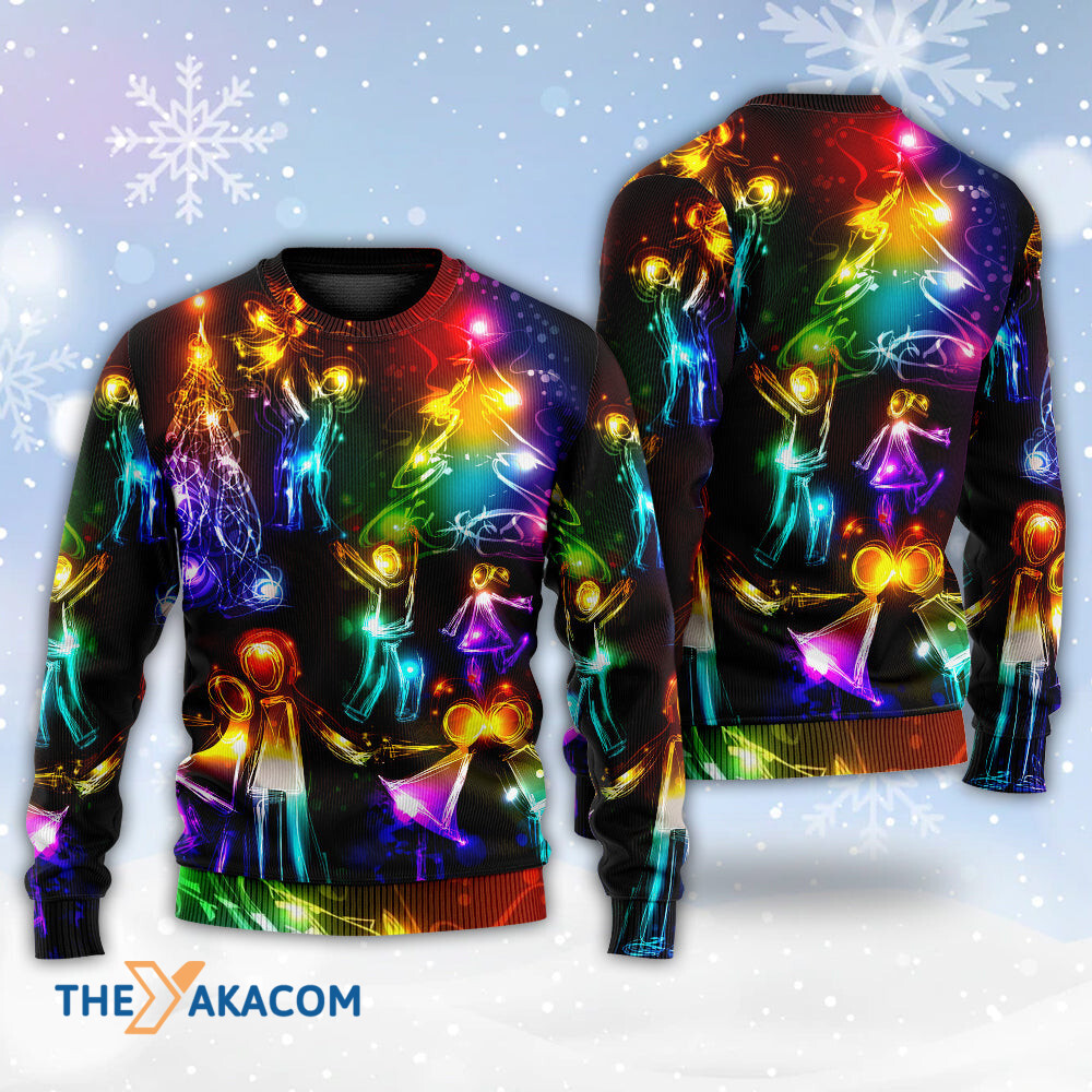 Christmas Family Happy Love Tree Neon Light Style Gift For Lover Ugly Christmas Sweater