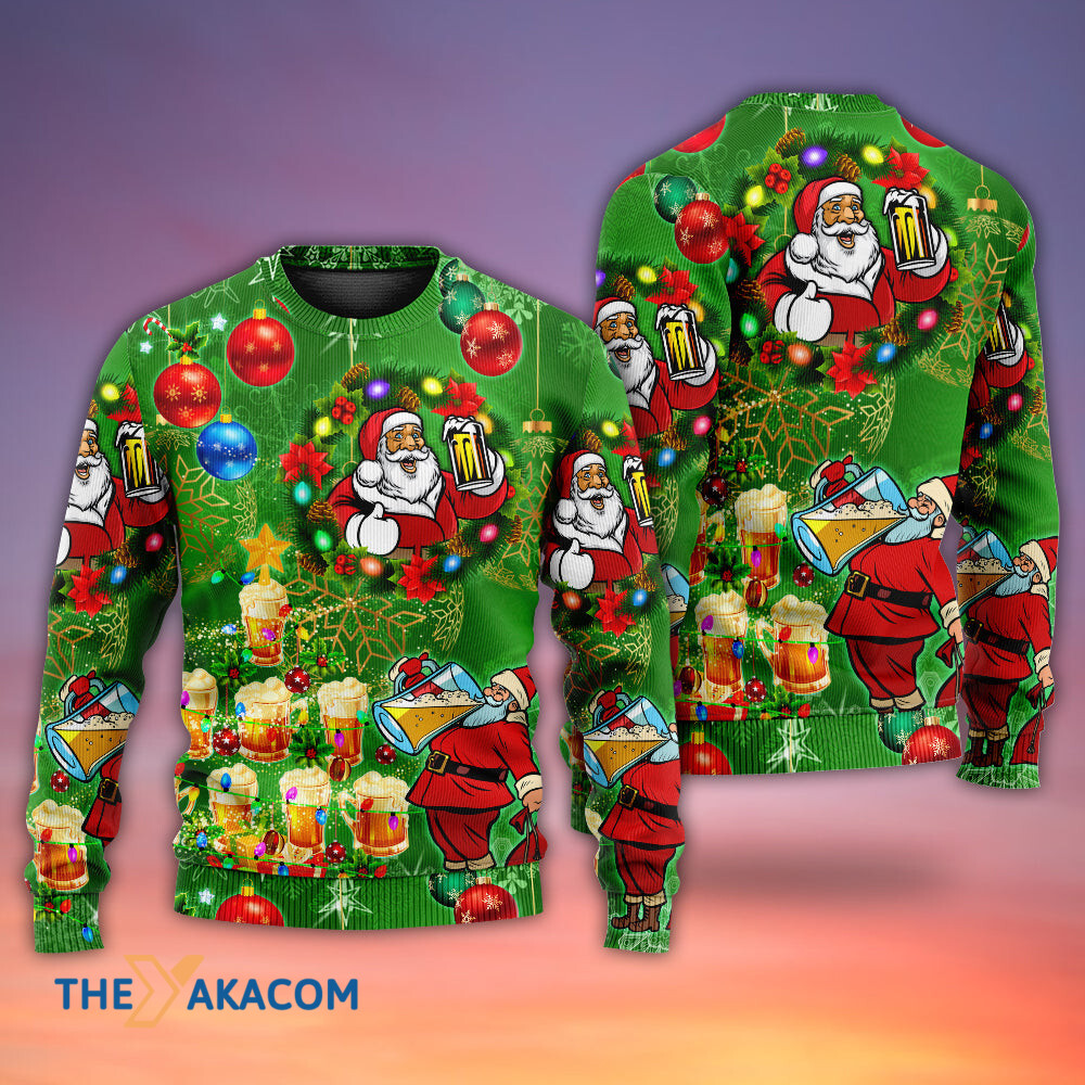 Christmas Funny Santa Claus Drinking Beer Happy Christmas Tree Green Light Gift For Lover Ugly Christmas Sweater