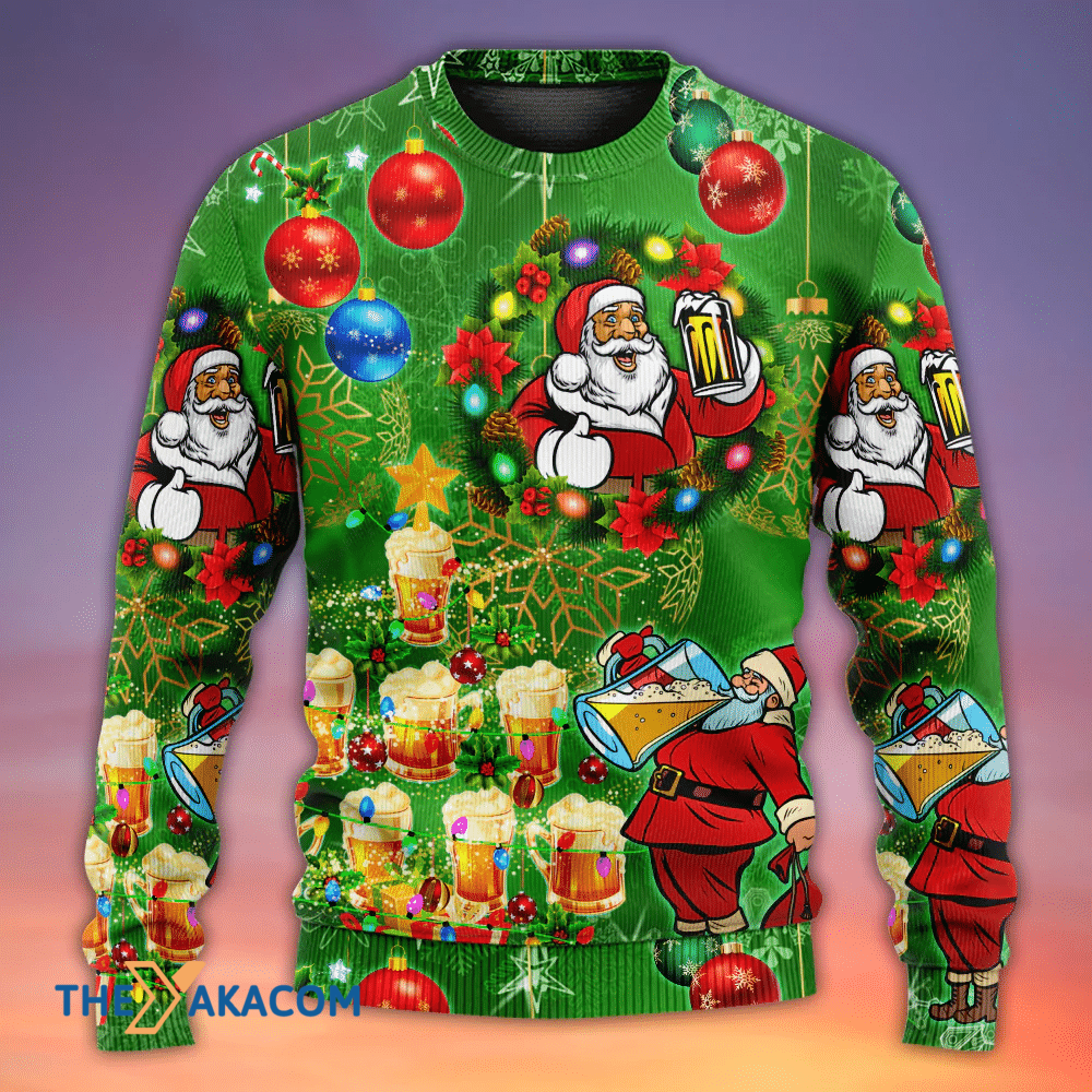 Christmas Funny Santa Claus Drinking Beer Happy Christmas Tree Green Light Gift For Lover Ugly Christmas Sweater