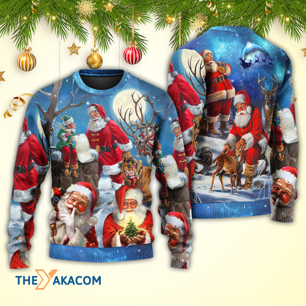 Christmas Funny Santa Claus Elf Xmas Is Coming Blue Sky Art Style Gift For Lover Ugly Christmas Sweater