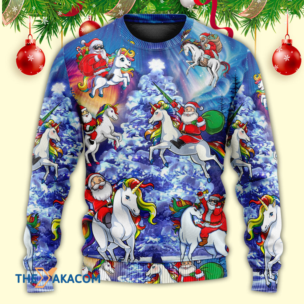 Christmas Funny Santa Claus Riding Unicorn Rainbow Sky Night Gift For Lover Ugly Christmas Sweater