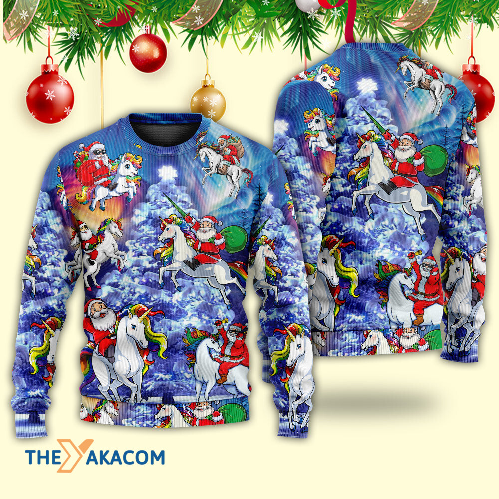 Christmas Funny Santa Claus Riding Unicorn Rainbow Sky Night Gift For Lover Ugly Christmas Sweater