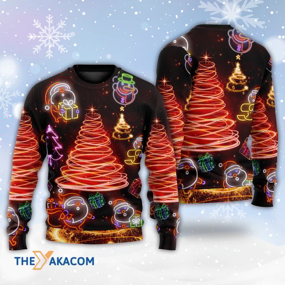 Christmas Funny Santa Claus Tree Red Neon Light Style Gift For Lover Ugly Christmas Sweater