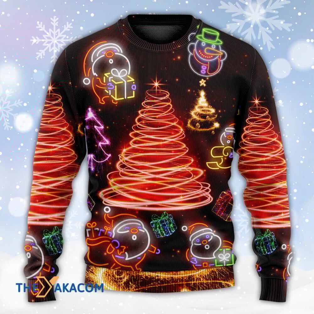 Christmas Funny Santa Claus Tree Red Neon Light Style Gift For Lover Ugly Christmas Sweater