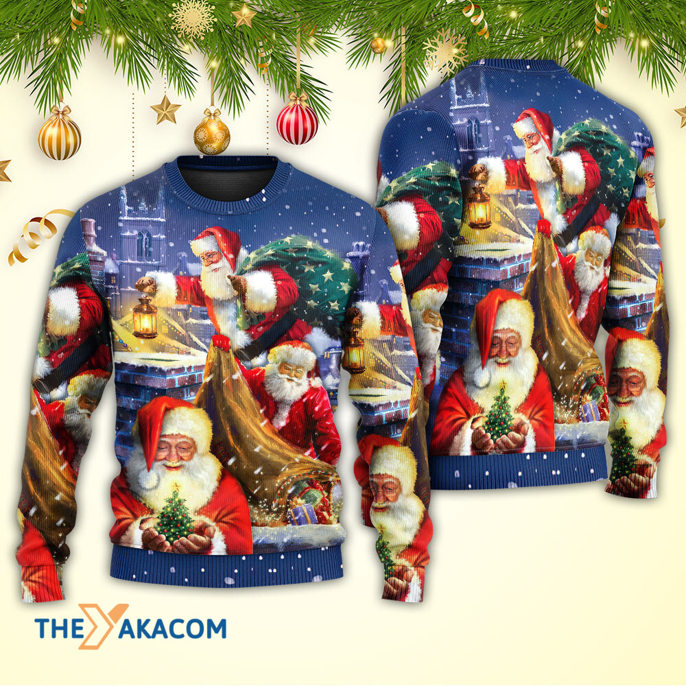 Christmas Funny Santa Claus Up On Rooftop Art Style Gift For Lover Ugly Christmas Sweater