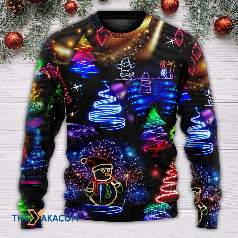 Christmas Neon Art Santa And Snowman Gift For Lover Ugly Christmas Sweater