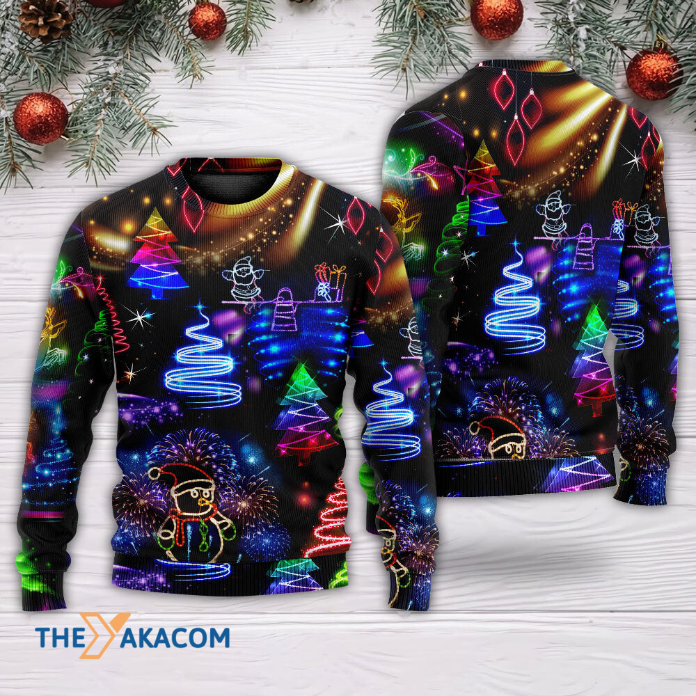 Christmas Neon Art Santa And Snowman Gift For Lover Ugly Christmas Sweater