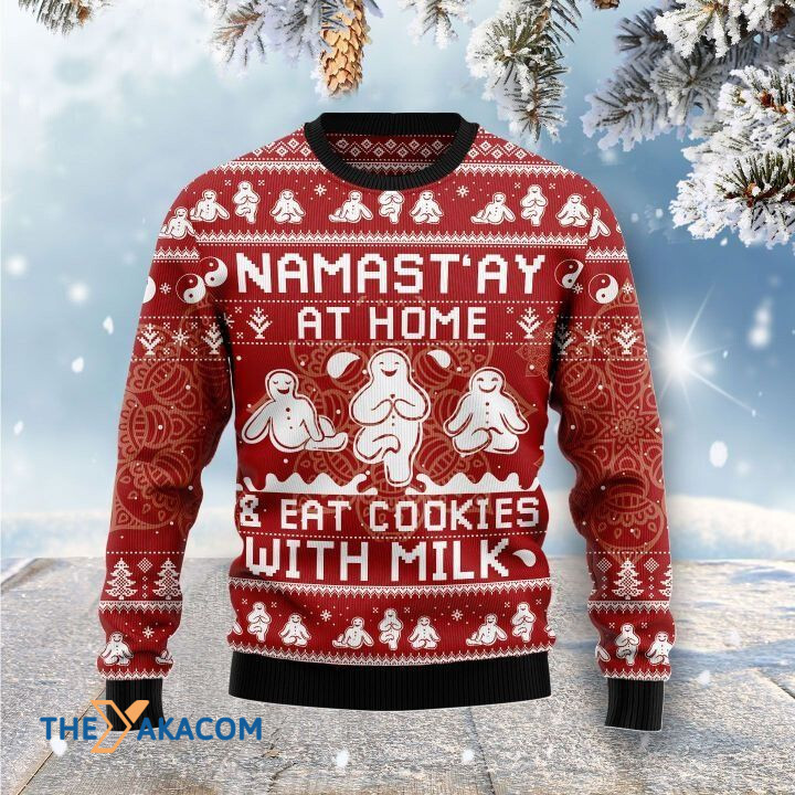 Gingerbread Namast_ay And Eat Cookies With Milk Gift For Christmas Ugly Christmas Sweater