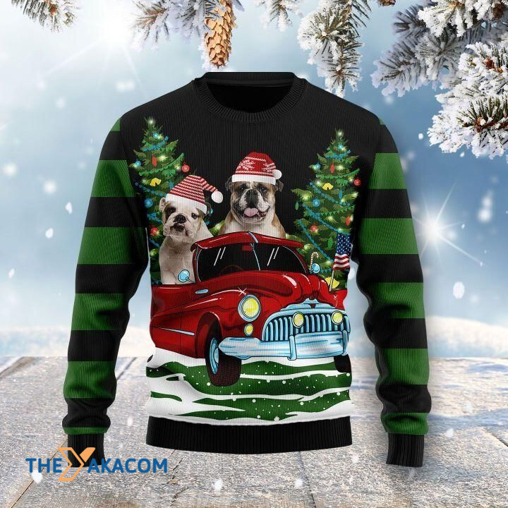 Green And Black Christmas Pulldog In Red Car Gift For Christmas Ugly Christmas Sweater