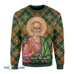 Green And Brown Saint Simon The Apostle Gift For Christmas Ugly Christmas Sweater