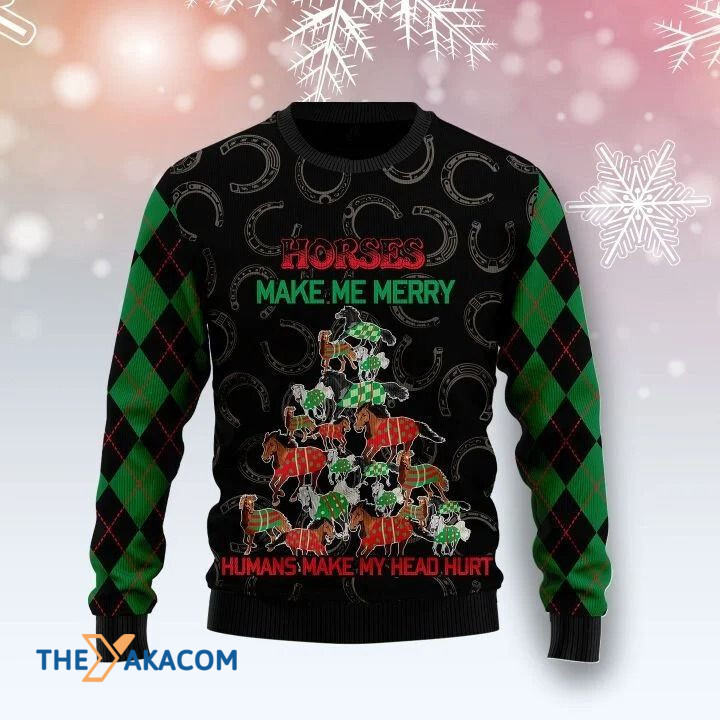 Green And Red Horse Made A Pine Tree Horses Make Me Merry Humans Make My Head Hurt Gift For Christmas Ugly Christmas Sweater