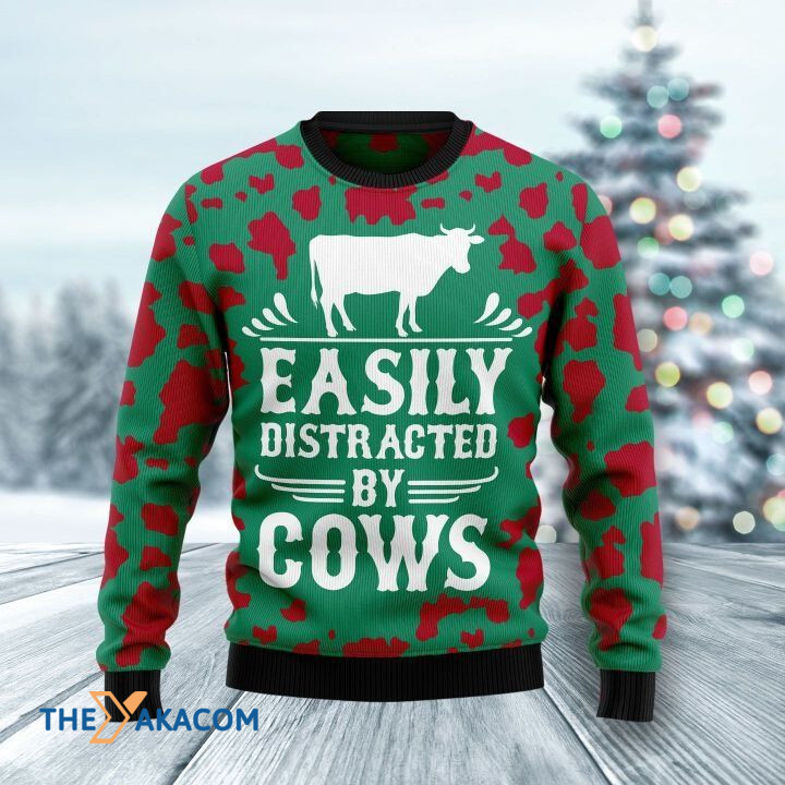 Green And Red Patterns Easily Distracted By Cows Gift For Christmas Ugly Christmas Sweater