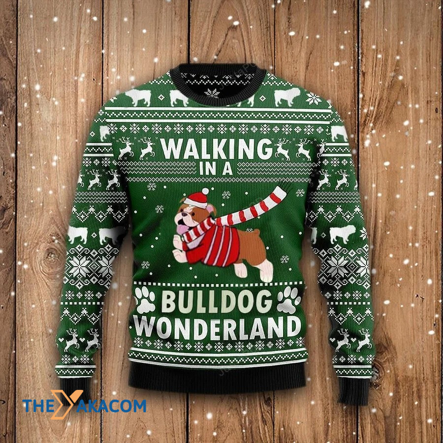 Green Background Lovely Funny Dog Walking In A Bulldog Wonderland Gift For Christmas Ugly Christmas Sweater