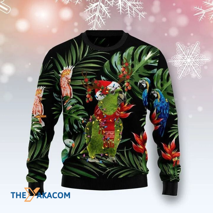 Green Parrot With Plants And Colorful Light Gift For Christmas Ugly Christmas Sweater