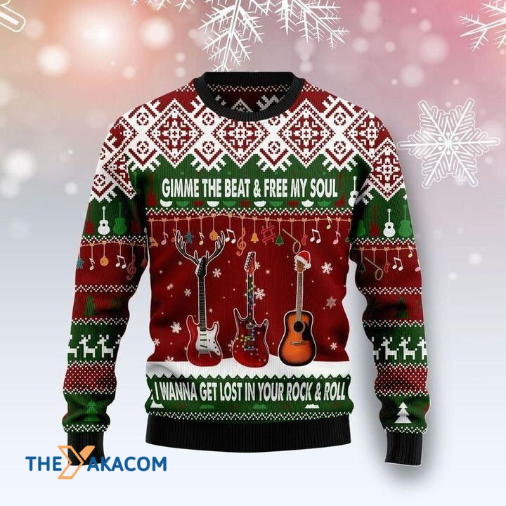 Guitar Gimme The Beat And Free My Soul I Wanna Get Lost In Your Rock And Roll Gift For Christmas Ugly Christmas Sweater