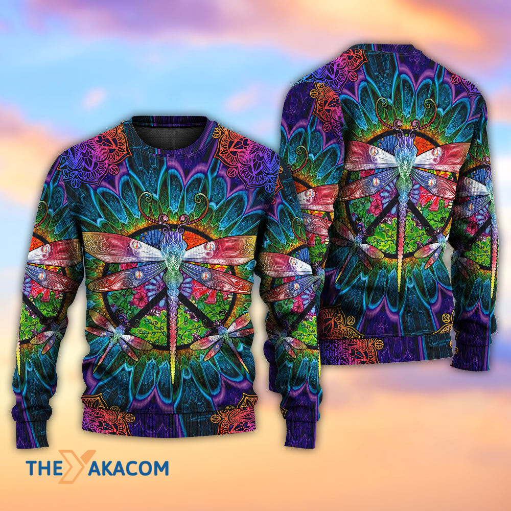 Hippie Colorful Dragonfly Mandala Peace Life Gift For Lover Ugly Christmas Sweater