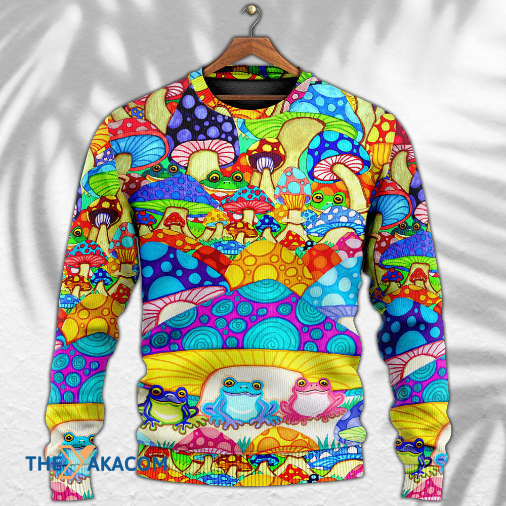Hippie Frog Mushroom Hippie Colorful Art Peace Gift For Lover Ugly Christmas Sweater