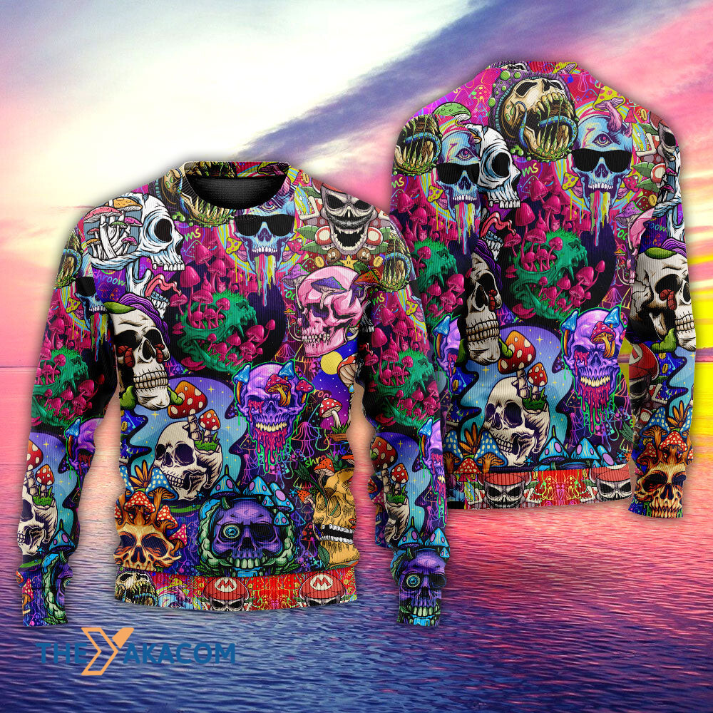Hippie Mushroom And Skull Colorful Art Gift For Lover Ugly Christmas Sweater