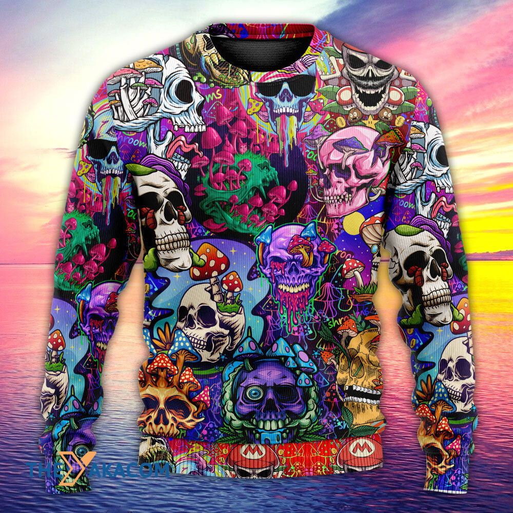 Hippie Mushroom And Skull Colorful Art Gift For Lover Ugly Christmas Sweater