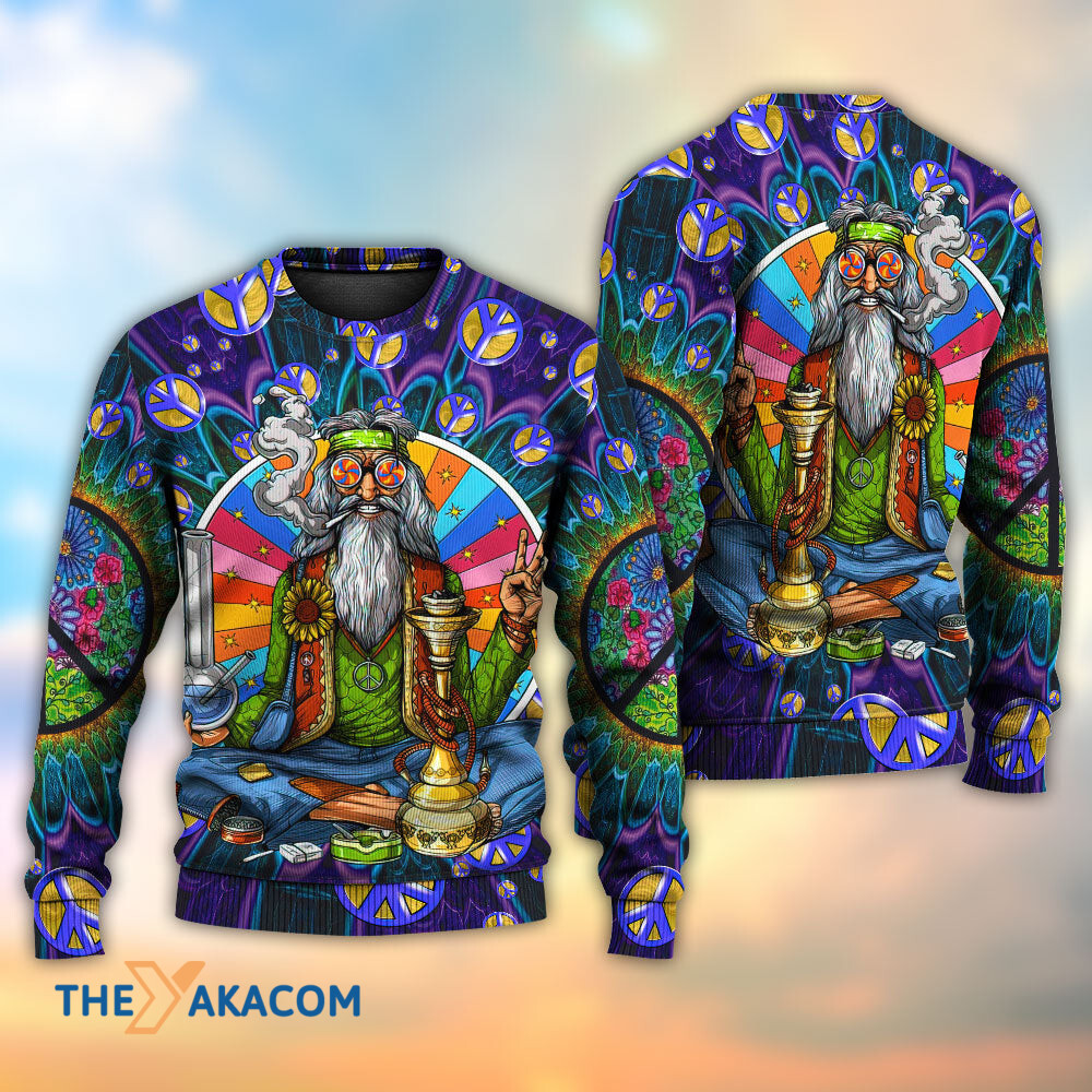 Hippie Peace Sign Old Man Smoking Weed Gift For Lover Ugly Christmas Sweater