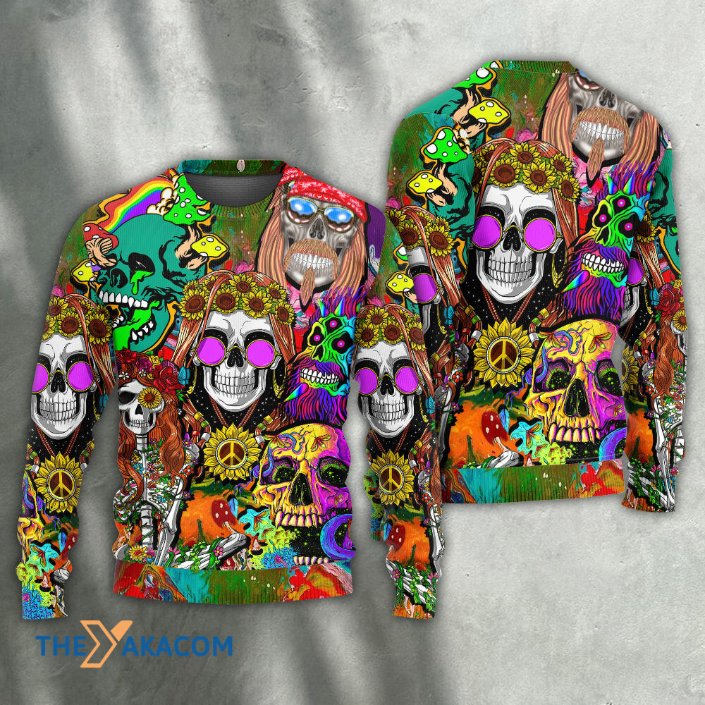 Hippie Skull Colorful Cool Style Gift For Lover Ugly Christmas Sweater