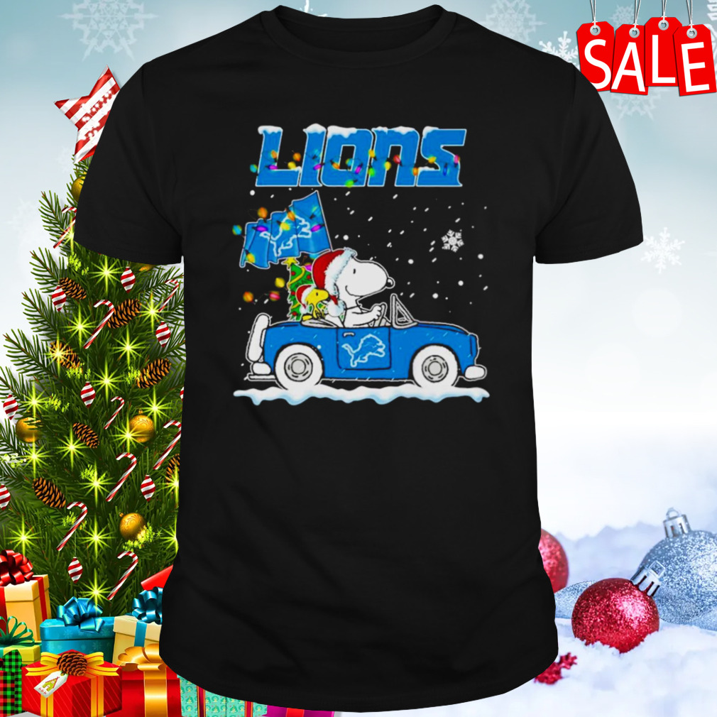 Snoopy and WoodStock Santa Detroit Lions Christmas lights shirt