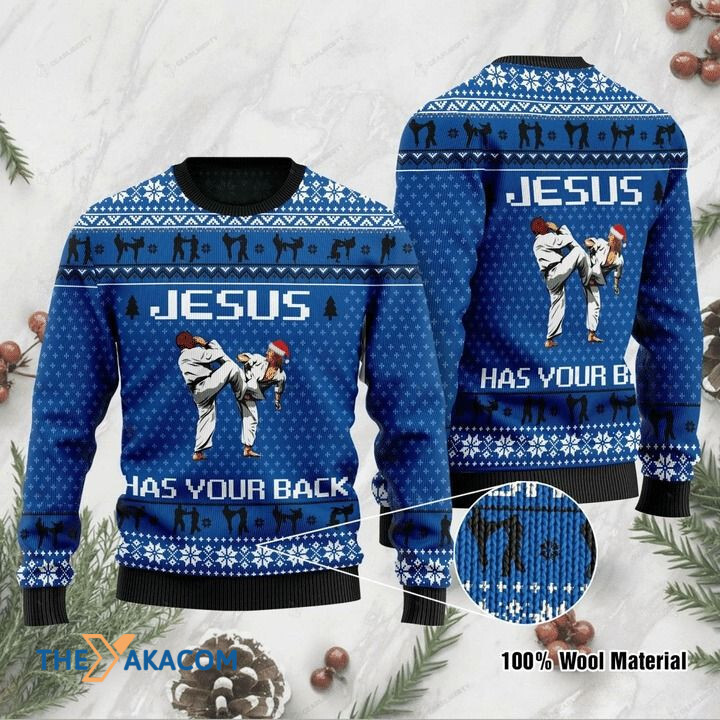 Blue Christmas Patterns And Jesus Has Your Back Gift For Christmas Ugly Christmas Sweater