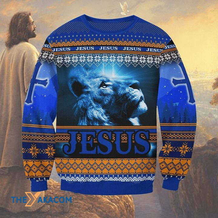 Blue Lion Pray God Jesus Gift For Christmas Ugly Christmas Sweater