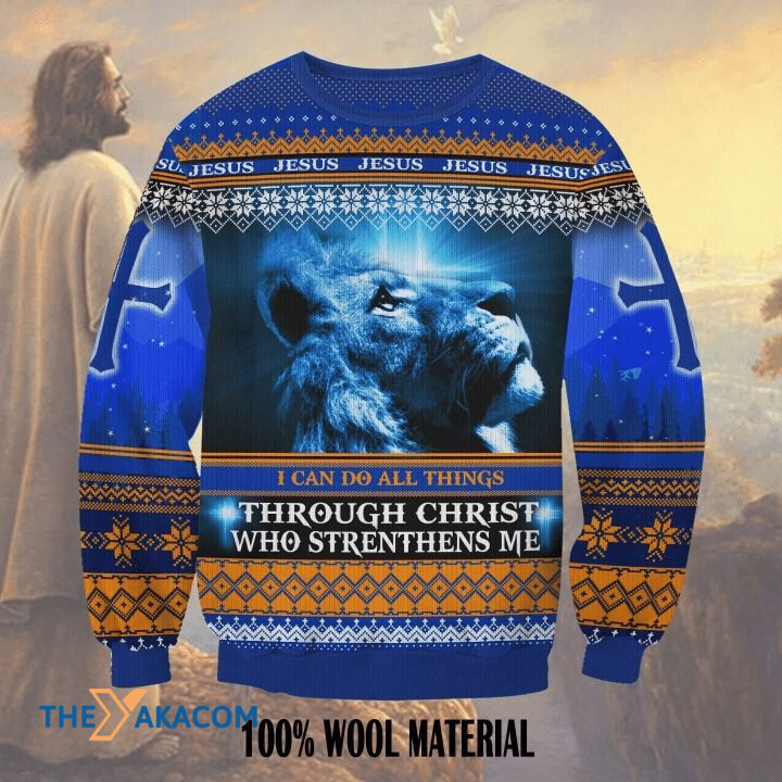 Blue Lion Pray I Can Do All Things Through Christ Who Strenthens Me Gift For Christmas Ugly Christmas Sweater