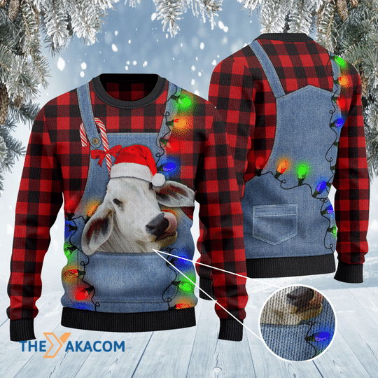 Brahman Cattle Lovers Red Plaid Shirt And Denim Bib Overalls Awesome Gift For Christmas Ugly Christmas Sweater